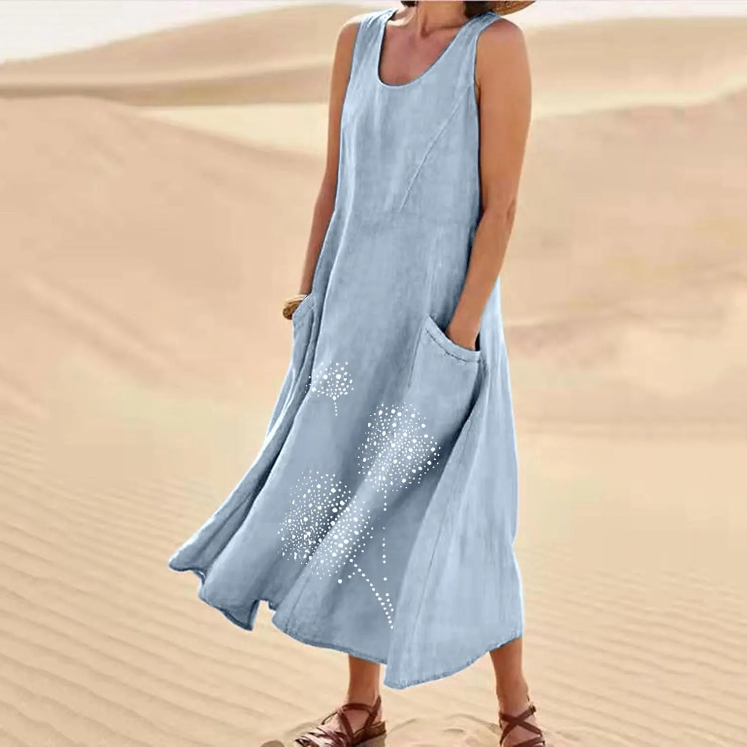 Printed Summer Dresses for Women Round Neck Pleated Sleeveless Pocket Vacation Dress Ladies Trendy Spring Dress