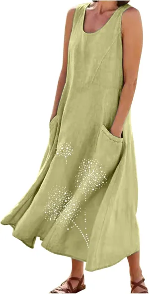 Printed Summer Dresses for Women Round Neck Pleated Sleeveless Pocket Vacation Dress Ladies Trendy Spring Dress