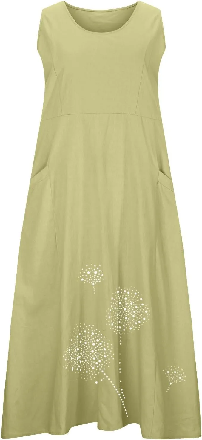 Printed Summer Dresses for Women Round Neck Pleated Sleeveless Pocket Vacation Dress Ladies Trendy Spring Dress