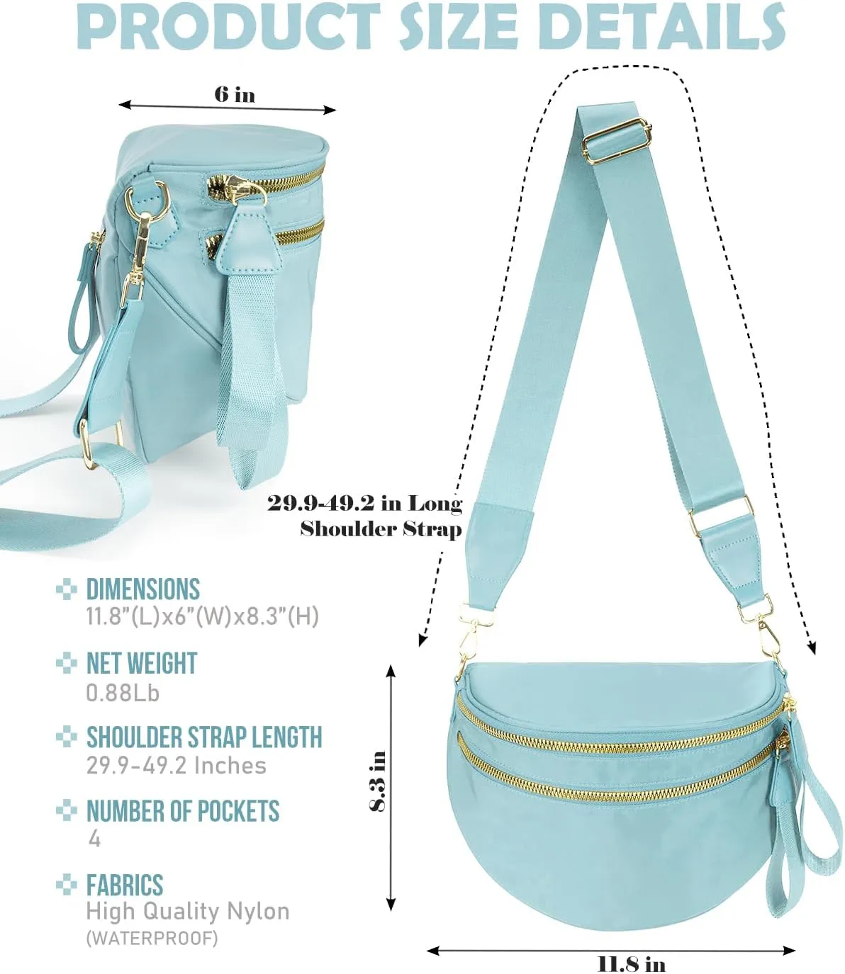 Pure Colour Crossbody Bag Bum Bag for Women,Spacious Purse Fanny Packs Belt Bag,Oversized Bum Bag (Colour Bum Bag-Ice Blue)