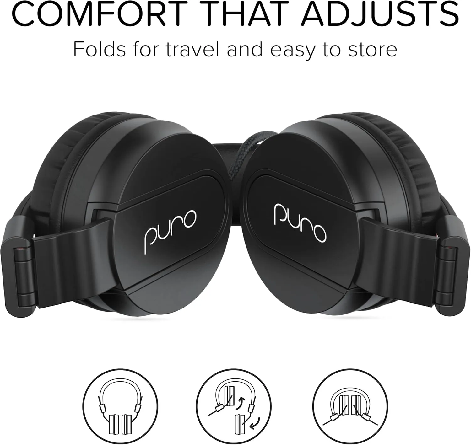 Puro Sound Labs PuroBasic Volume Limiting Wired Headphones for Kids, Foldable & Adjustable Headband w/Microphone, Compatible with Smartphones, Tablets and PC’s – Black