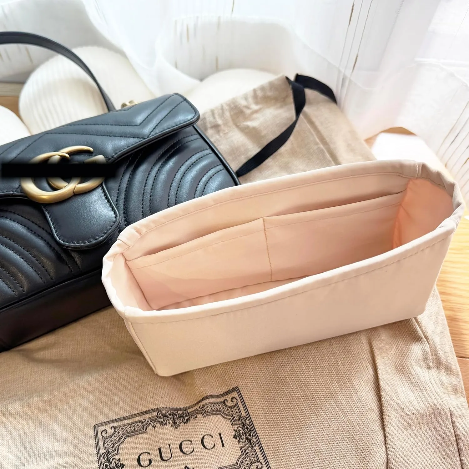 Purse Organizer Insert for GG Marmont Small Shoulder Bag, Soft-touch Purse Insert Compatible with Gucci Marmont Bag, Bag Shaper with Pockets for Storage (Small26, Craie)