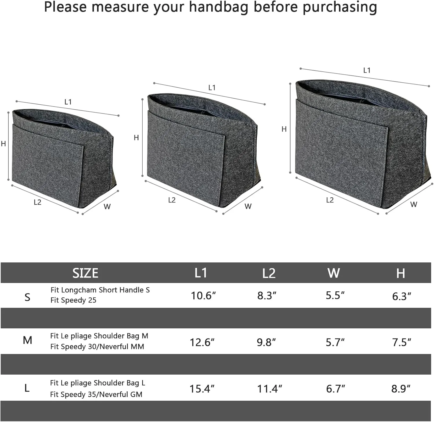 Purse Organizer Insert for Inside Purse, Felt Handbag Organizer Insert with Zip, Tote Bag Organizer Pouches for Women, Grey L, Gray