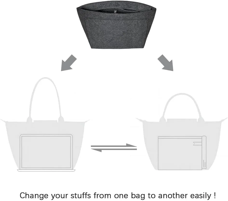 Purse Organizer Insert for Inside Purse, Felt Handbag Organizer Insert with Zip, Tote Bag Organizer Pouches for Women, Grey L, Gray