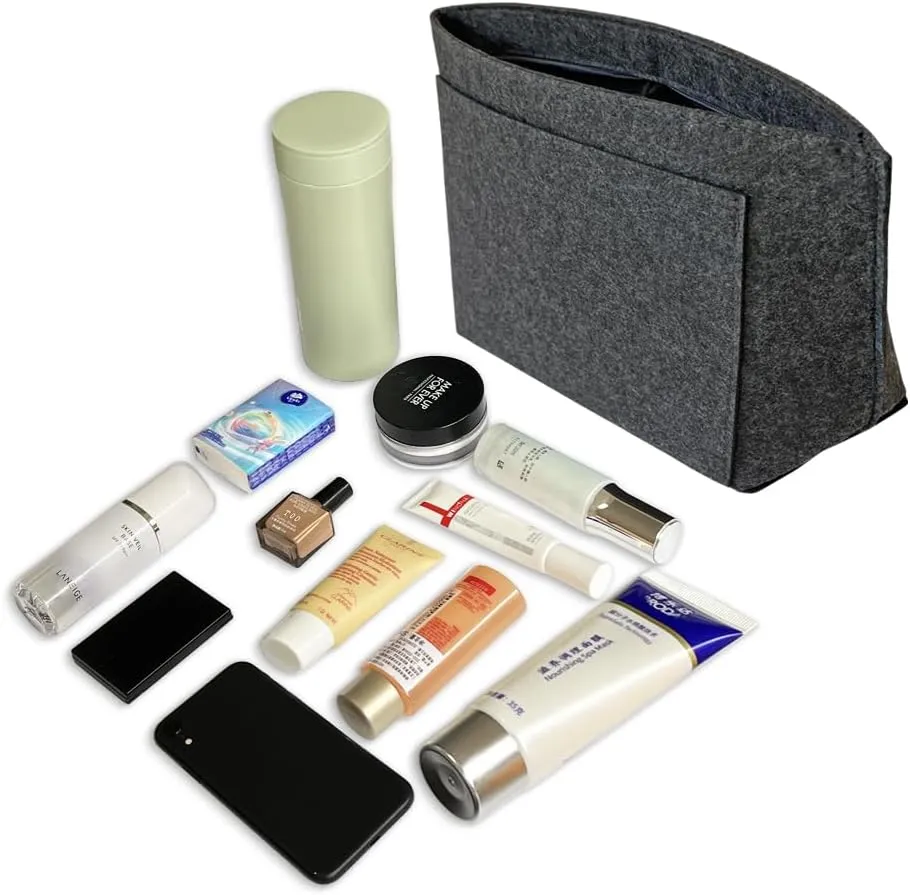 Purse Organizer Insert for Inside Purse, Felt Handbag Organizer Insert with Zip, Tote Bag Organizer Pouches for Women, Grey L, Gray