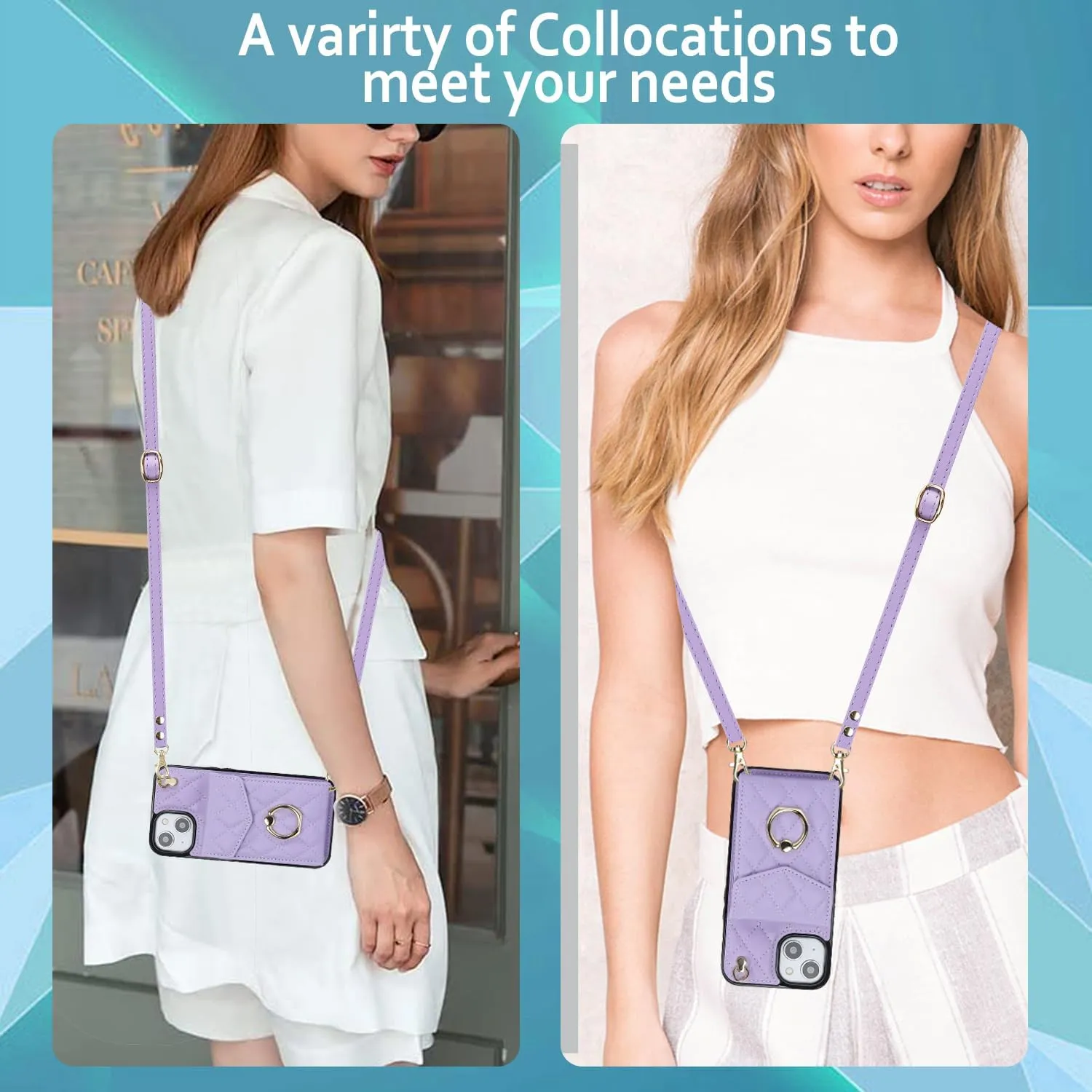 QLTYPRI Crossbody Wallet Case for iPhone 13/14,PU Leather Phone Case with RFID Blocking Card Slots Holder 360° Rotatable Ring Kickstand Wrist Strap Lanyard Handbag Purse Cover for iPhone 13/14– Purple