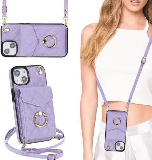 QLTYPRI Crossbody Wallet Case for iPhone 13/14,PU Leather Phone Case with RFID Blocking Card Slots Holder 360° Rotatable Ring Kickstand Wrist Strap Lanyard Handbag Purse Cover for iPhone 13/14– Purple