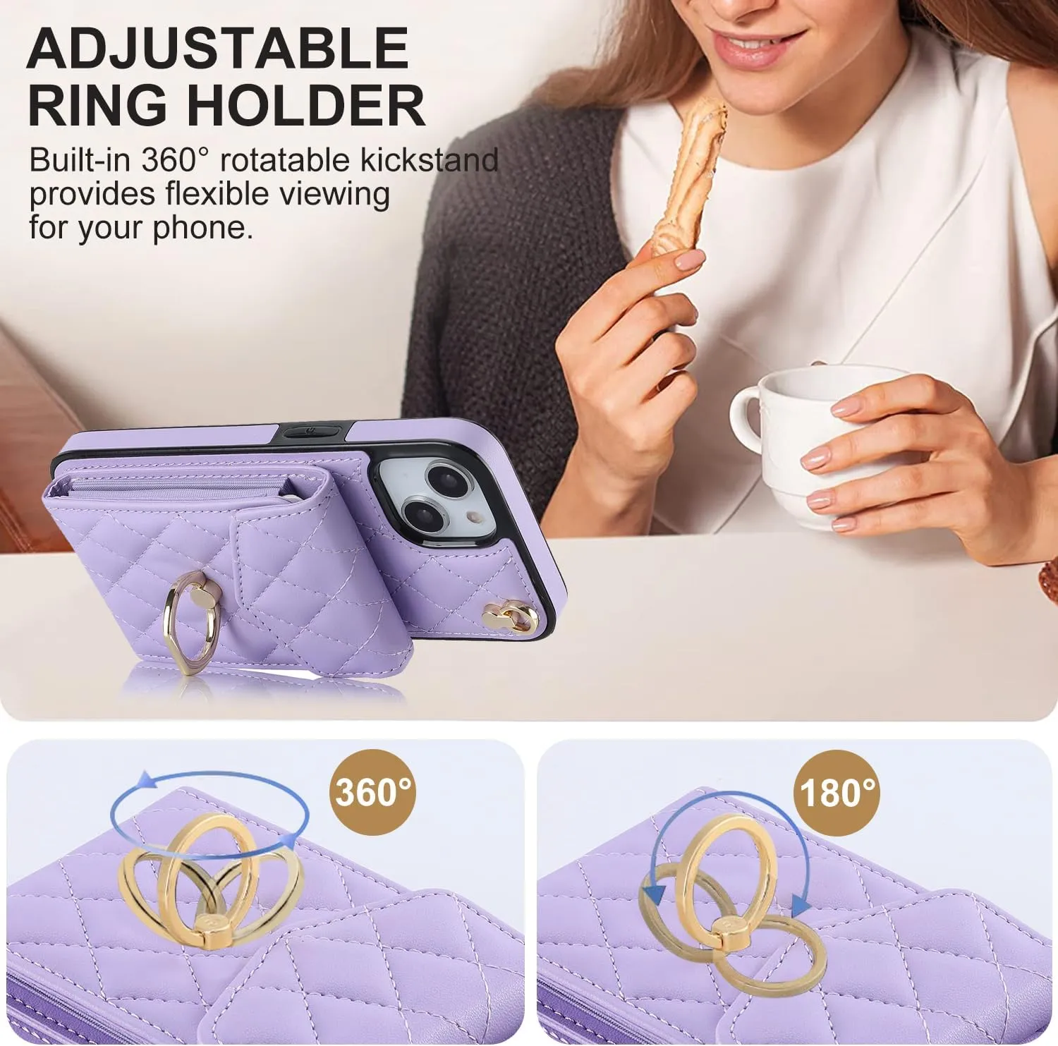 QLTYPRI Crossbody Wallet Case for iPhone 13/14,PU Leather Phone Case with RFID Blocking Card Slots Holder 360° Rotatable Ring Kickstand Wrist Strap Lanyard Handbag Purse Cover for iPhone 13/14– Purple