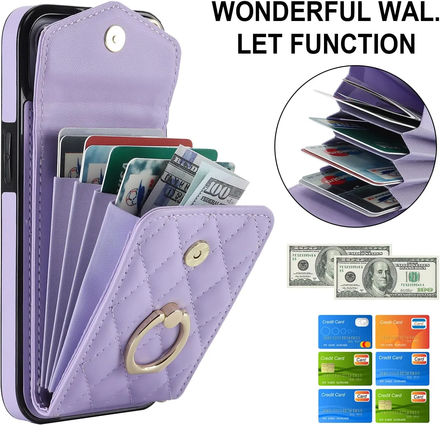 QLTYPRI Crossbody Wallet Case for iPhone 13/14,PU Leather Phone Case with RFID Blocking Card Slots Holder 360° Rotatable Ring Kickstand Wrist Strap Lanyard Handbag Purse Cover for iPhone 13/14– Purple