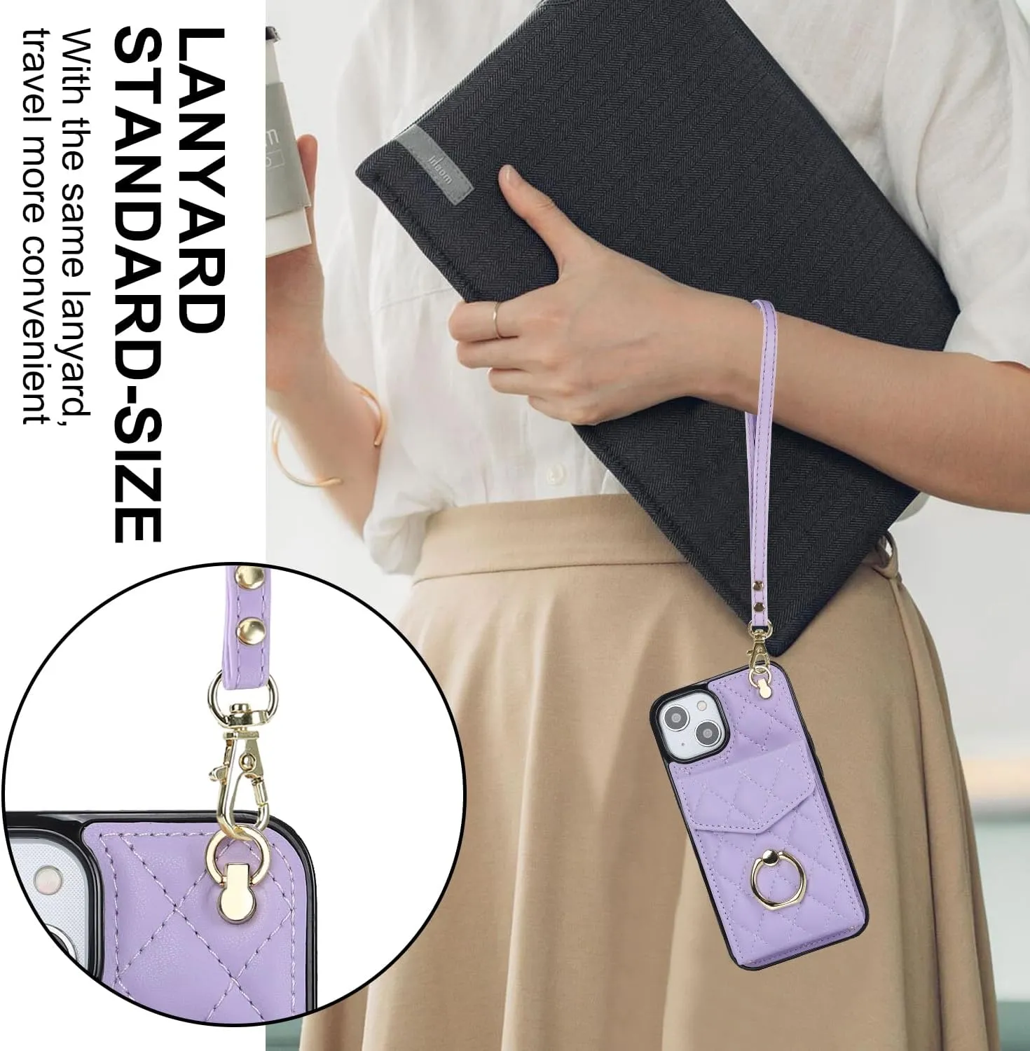 QLTYPRI Crossbody Wallet Case for iPhone 13/14,PU Leather Phone Case with RFID Blocking Card Slots Holder 360° Rotatable Ring Kickstand Wrist Strap Lanyard Handbag Purse Cover for iPhone 13/14– Purple