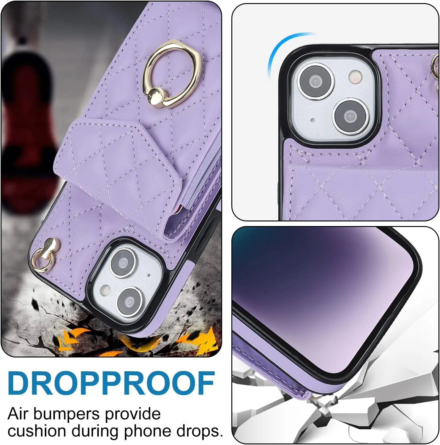QLTYPRI Crossbody Wallet Case for iPhone 13/14,PU Leather Phone Case with RFID Blocking Card Slots Holder 360° Rotatable Ring Kickstand Wrist Strap Lanyard Handbag Purse Cover for iPhone 13/14– Purple