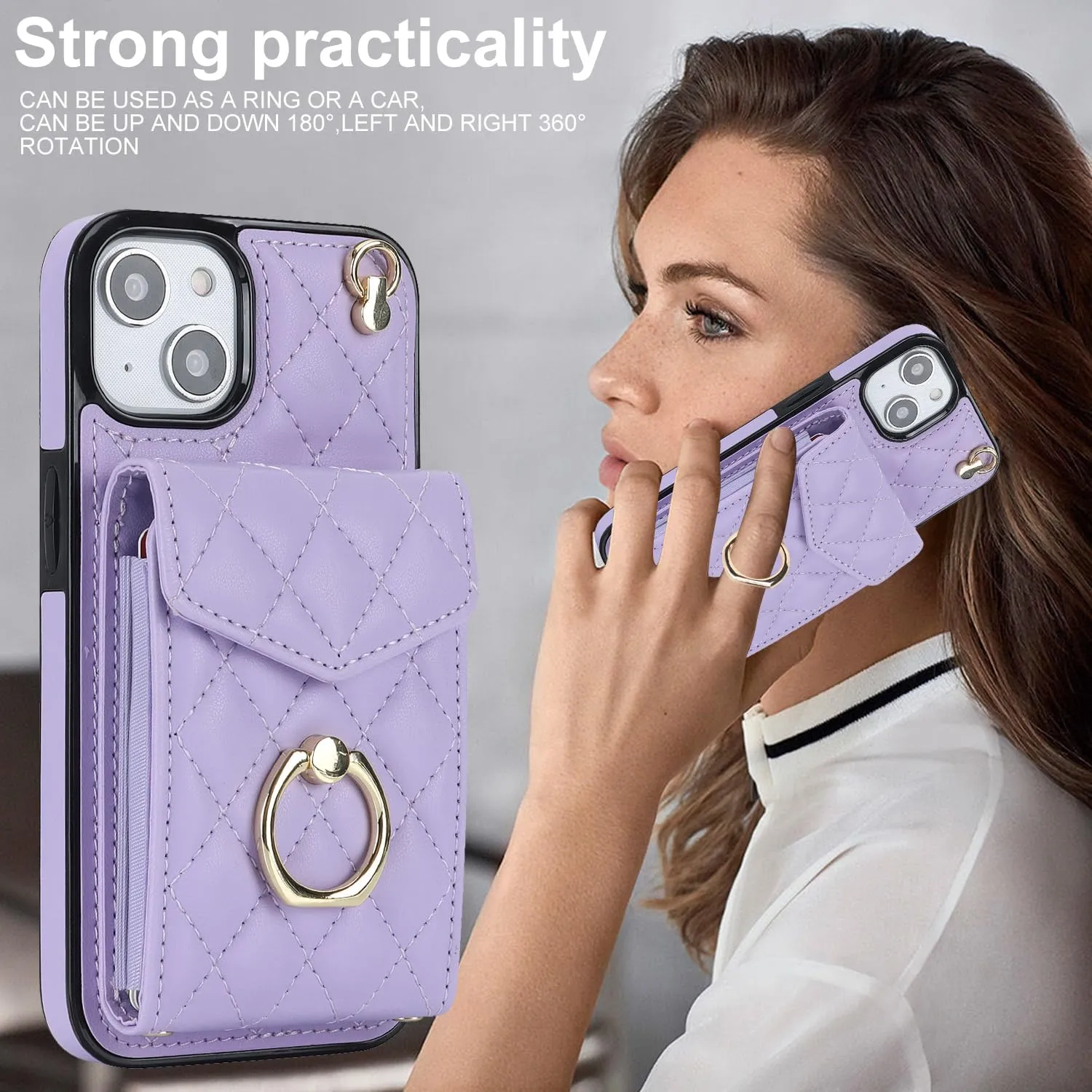 QLTYPRI Crossbody Wallet Case for iPhone 13/14,PU Leather Phone Case with RFID Blocking Card Slots Holder 360° Rotatable Ring Kickstand Wrist Strap Lanyard Handbag Purse Cover for iPhone 13/14– Purple