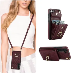 QLTYPRI Crossbody Wallet Case for Samsung Galaxy S24, PU Leather Phone Case with RFID Blocking Card Slots Holder Ring Kickstand Wrist Strap Lanyard Handbag Purse Cover for Samsung S24 – Wine Red