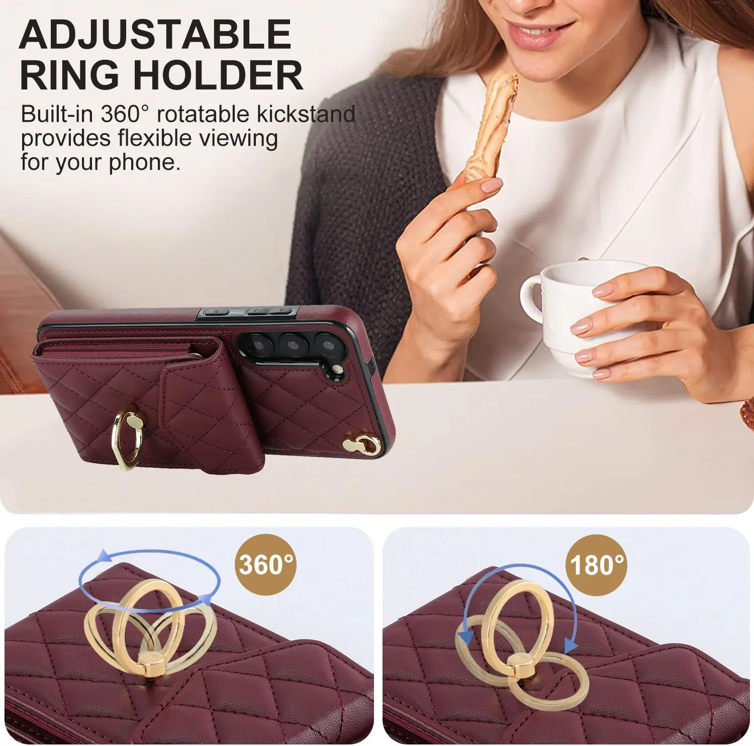 QLTYPRI Crossbody Wallet Case for Samsung Galaxy S24, PU Leather Phone Case with RFID Blocking Card Slots Holder Ring Kickstand Wrist Strap Lanyard Handbag Purse Cover for Samsung S24 – Wine Red