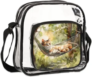 QsirBC Animal Cat Pattern Clear Crossbody Bag Stadium Approved PVC Purse Bag Transparent Messenger Shoulder Bags for Concert Sports Events Work
