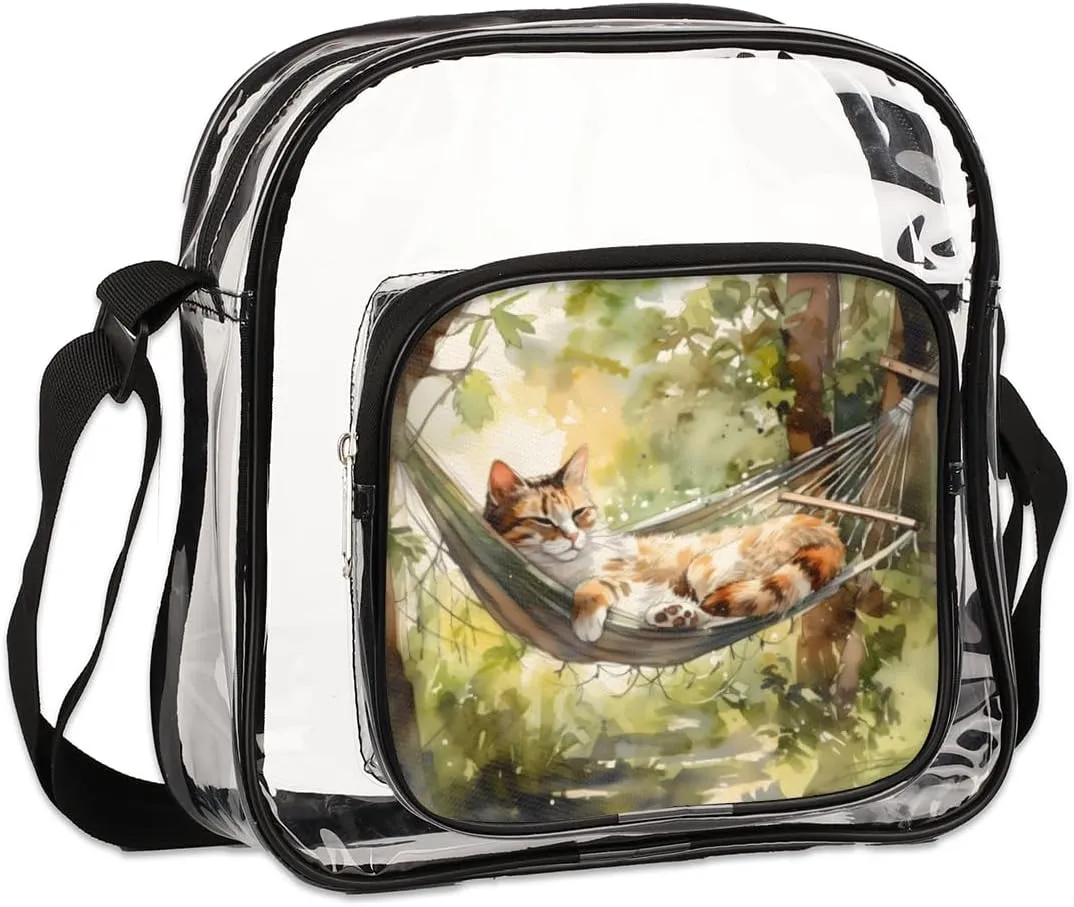 QsirBC Animal Cat Pattern Clear Crossbody Bag Stadium Approved PVC Purse Bag Transparent Messenger Shoulder Bags for Concert Sports Events Work