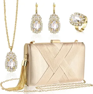 Quelay 4 Pcs Women Satin Clutch Purse Handbag Evening Bag for Wedding Banquet Handbag Vintage Necklace Earrings Jewelry Set