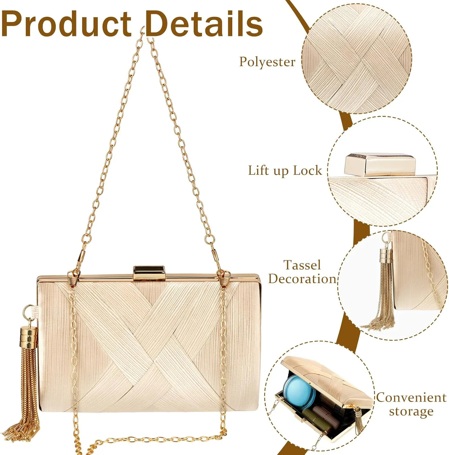 Quelay 4 Pcs Women Satin Clutch Purse Handbag Evening Bag for Wedding Banquet Handbag Vintage Necklace Earrings Jewelry Set