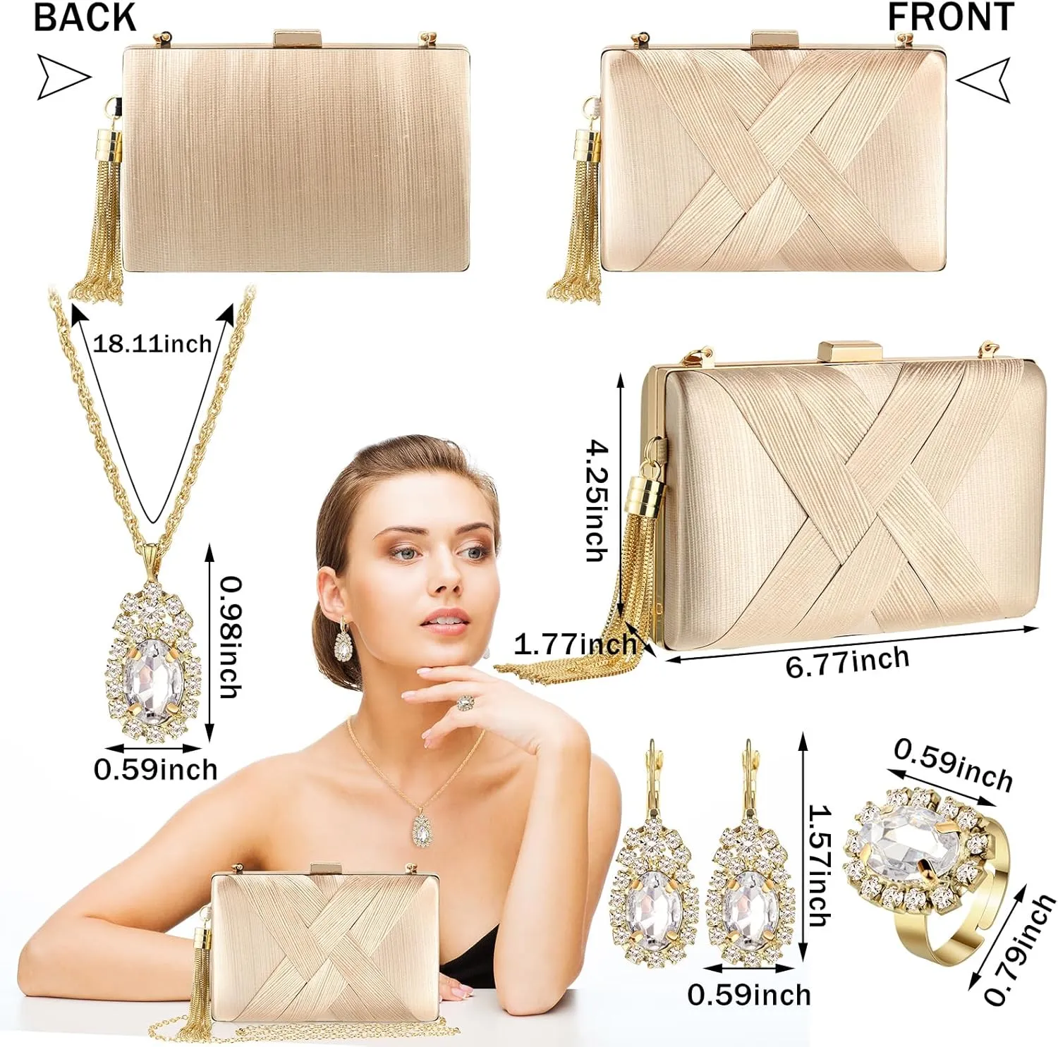 Quelay 4 Pcs Women Satin Clutch Purse Handbag Evening Bag for Wedding Banquet Handbag Vintage Necklace Earrings Jewelry Set