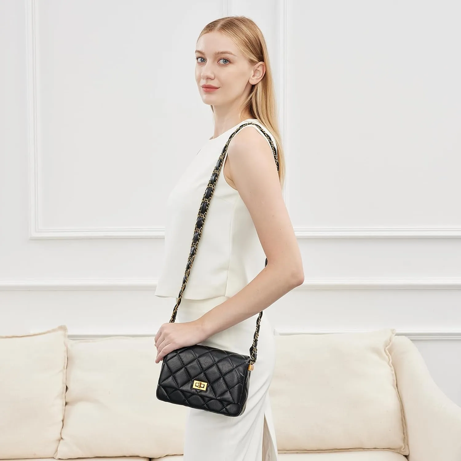 Quilted Bags for Women Soft Leather Shoulder Handbag Purse with Gold Chain Strap