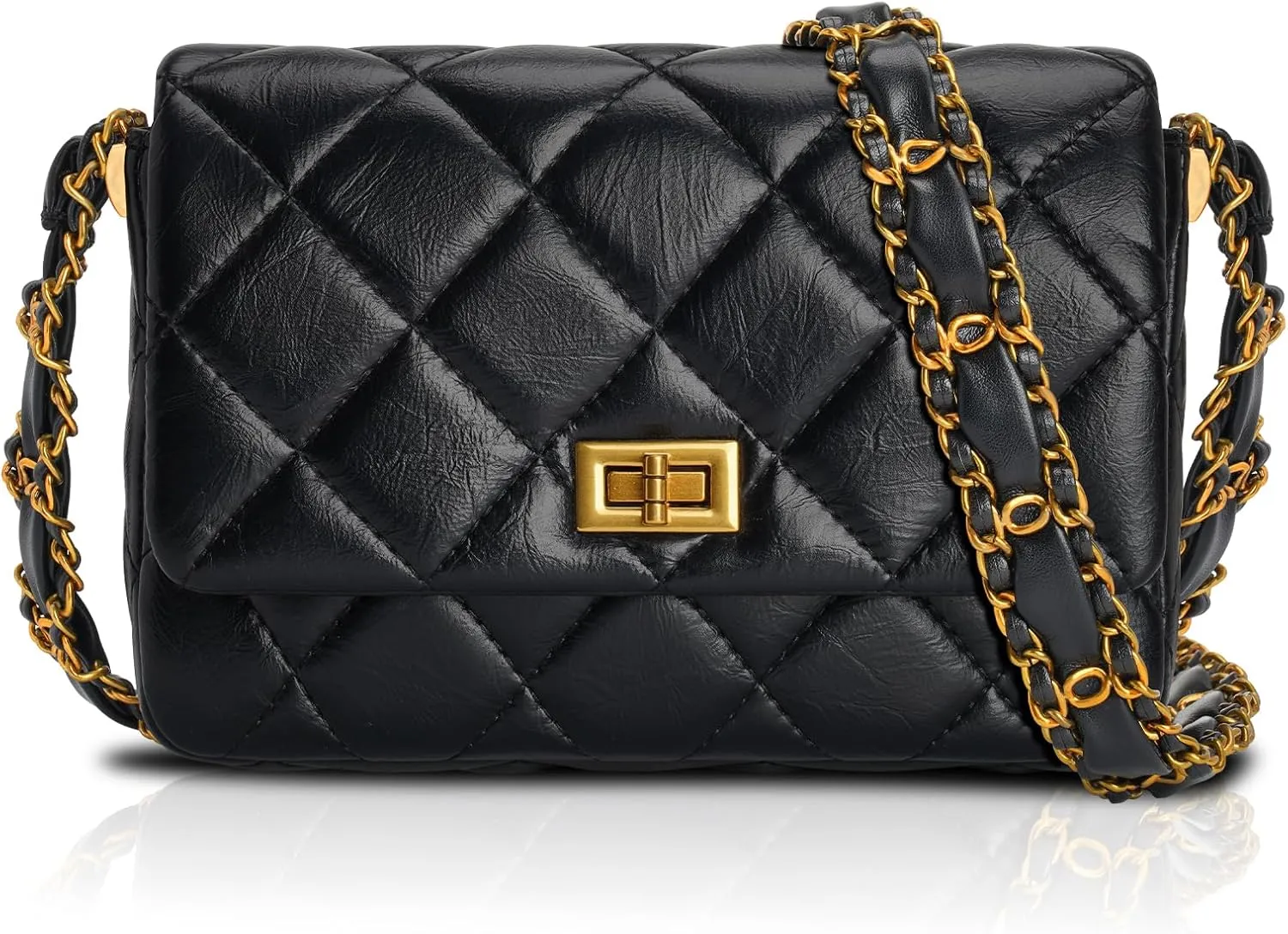 Quilted Bags for Women Soft Leather Shoulder Handbag Purse with Gold Chain Strap