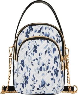 Quilted Crossbody Bags for Women,Blue White Porcelain Leaves Floral Women's Crossbody Handbags Small Travel Purses Phone Bag