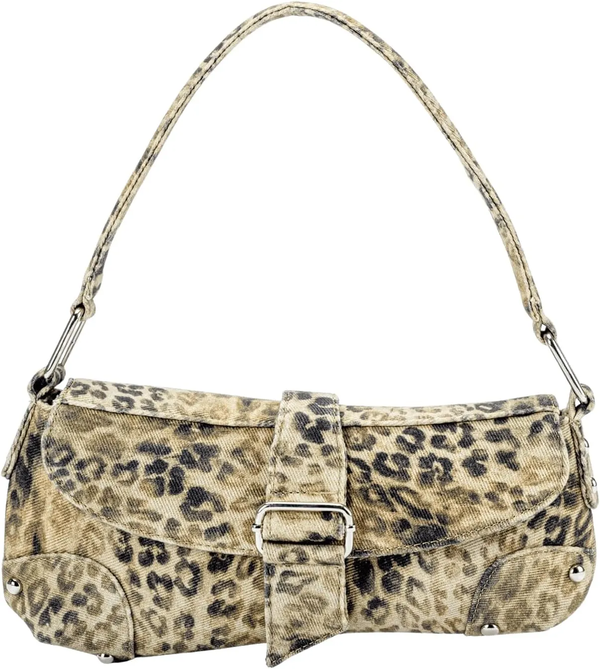 QWINEE Women's Y2K Leopard Print Shoulder Bag Denim Handbags Retro Cheetah Purses Top Handle Buckle Clutch Underarm Bag