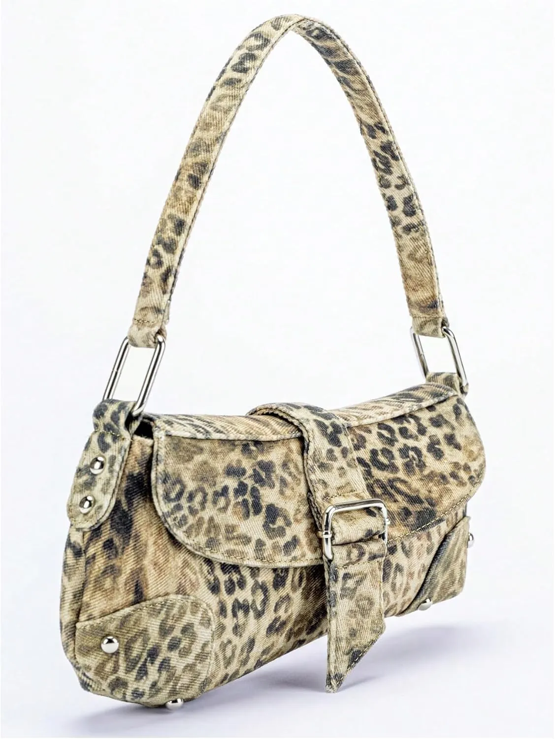 QWINEE Women's Y2K Leopard Print Shoulder Bag Denim Handbags Retro Cheetah Purses Top Handle Buckle Clutch Underarm Bag