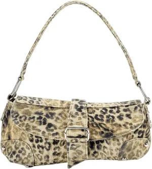 QWINEE Women's Y2K Leopard Print Shoulder Bag Denim Handbags Retro Cheetah Purses Top Handle Buckle Clutch Underarm Bag