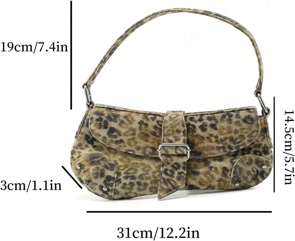 QWINEE Women's Y2K Leopard Print Shoulder Bag Denim Handbags Retro Cheetah Purses Top Handle Buckle Clutch Underarm Bag
