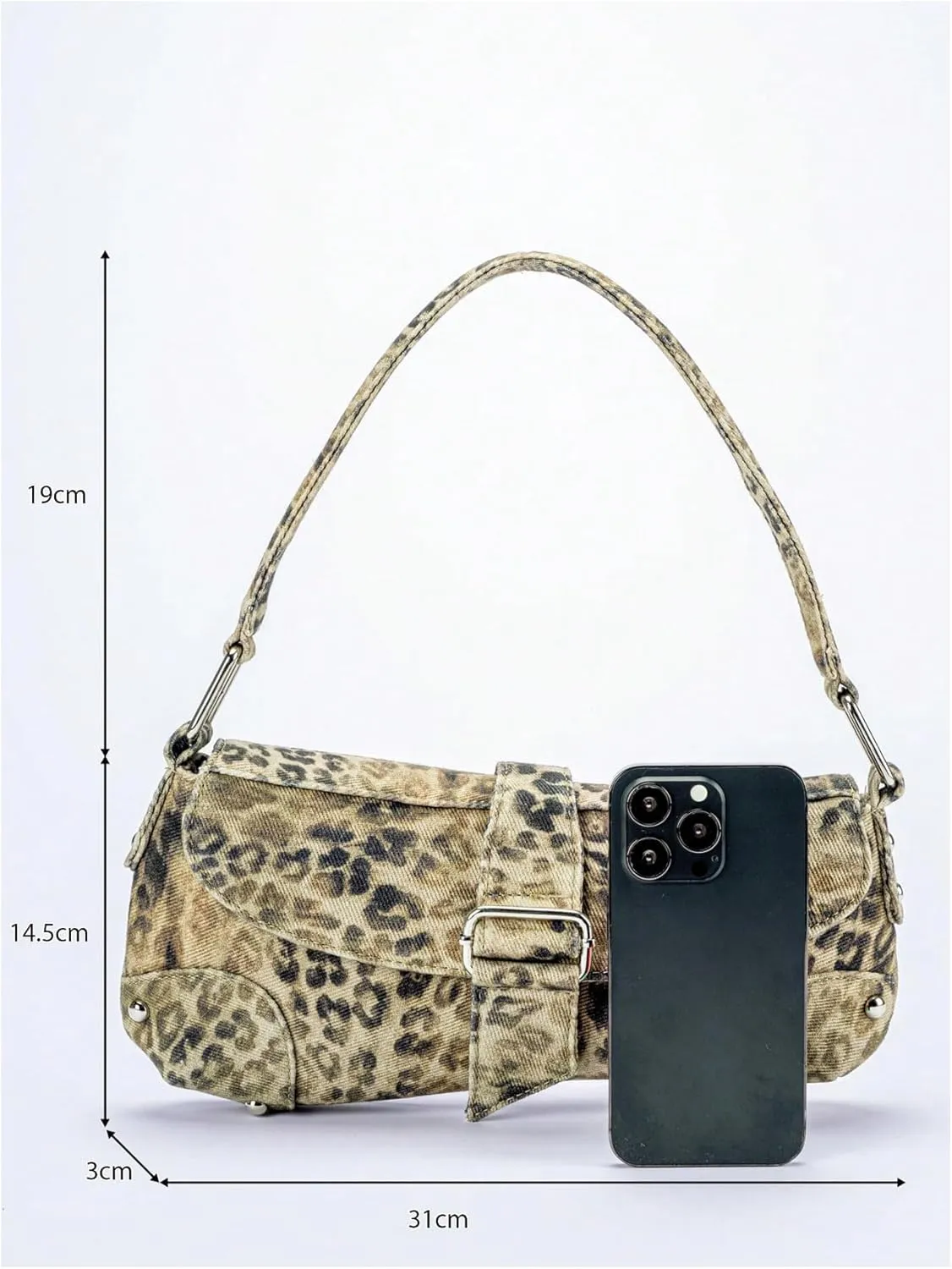 QWINEE Women's Y2K Leopard Print Shoulder Bag Denim Handbags Retro Cheetah Purses Top Handle Buckle Clutch Underarm Bag