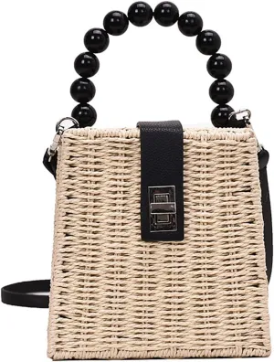 QZUnique Straw Bucket Bags for Women Top Handle Drawstring Woven Handbag Shoulder Bag Summer Beach Purses with Bamboo Handle