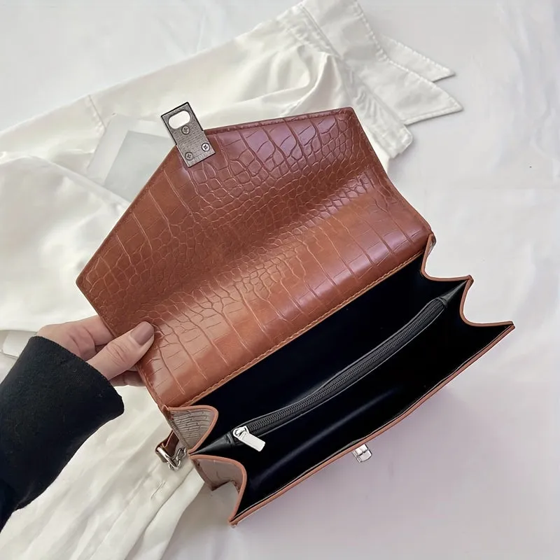 realaiot  Crocodile Pattern Crossbody Bag, Retro Faux Leather Purses, Fashion Chain Shoulder Bag For Women