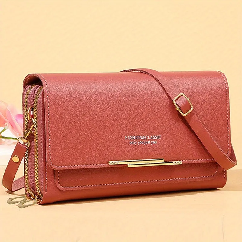 realaiot  Fashion Faux Leather Long Wallet, Women's Mini Crossbody Bag, Zipper Around Mobile Phone Purses