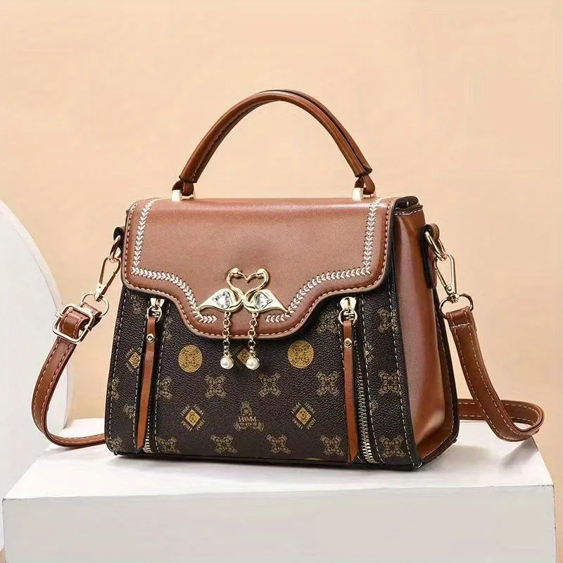 realaiot  Fashion Printed Handbags, Swan Decor Crossbody Bag, Women's Top Handle Flap Purses