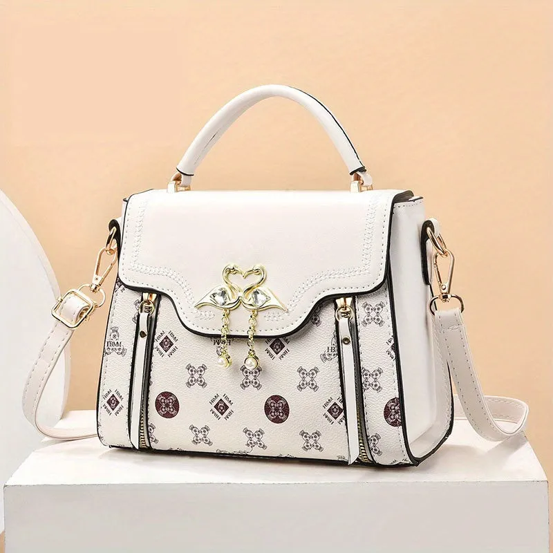 realaiot  Fashion Printed Handbags, Swan Decor Crossbody Bag, Women's Top Handle Flap Purses