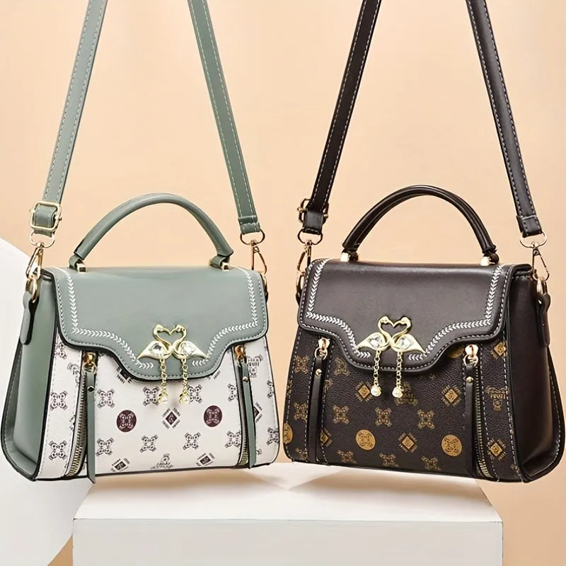 realaiot  Fashion Printed Handbags, Swan Decor Crossbody Bag, Women's Top Handle Flap Purses