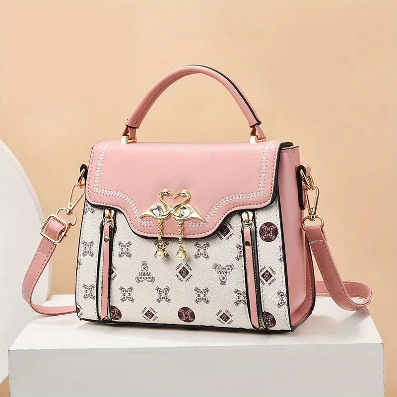 realaiot  Fashion Printed Handbags, Swan Decor Crossbody Bag, Women's Top Handle Flap Purses