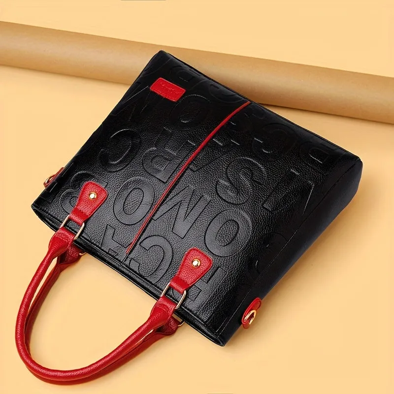 realaiot  Letter Embossed Handbag, Trendy Colorblock Crossbody Bag, Women's Top Handle Purses