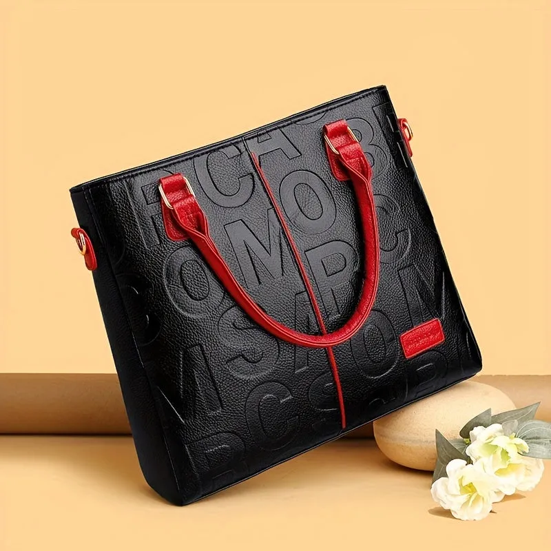 realaiot  Letter Embossed Handbag, Trendy Colorblock Crossbody Bag, Women's Top Handle Purses