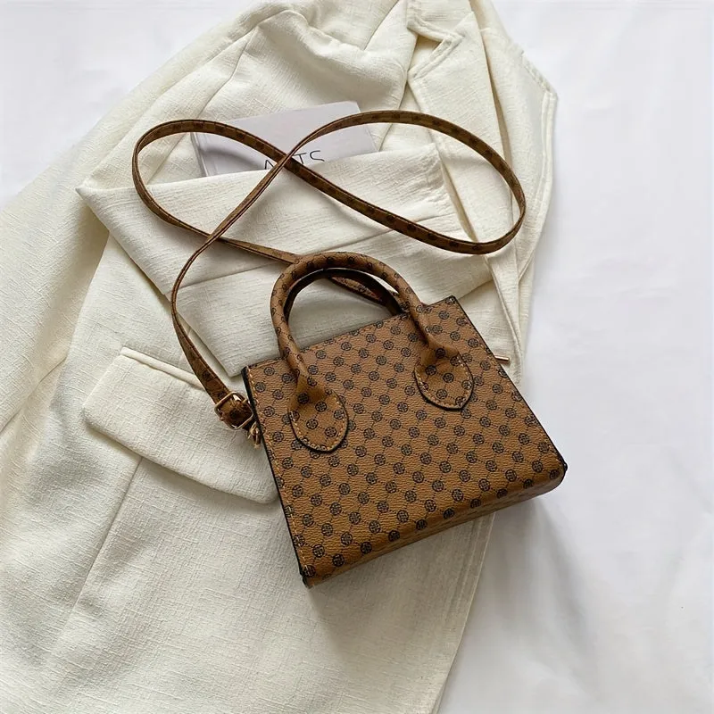 realaiot  Mini Polka Dot Print Handbag, Elegant Square Crossbody Bag, Women's Double Handle Purses With Zipper