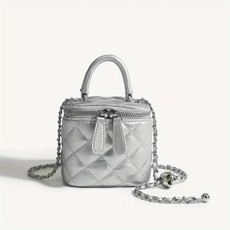 realaiot  Mini Square Box Handbag, Argyle Quilted Chain Crossbody Bag, Fashion Bucket Purses With Top Handle For Women