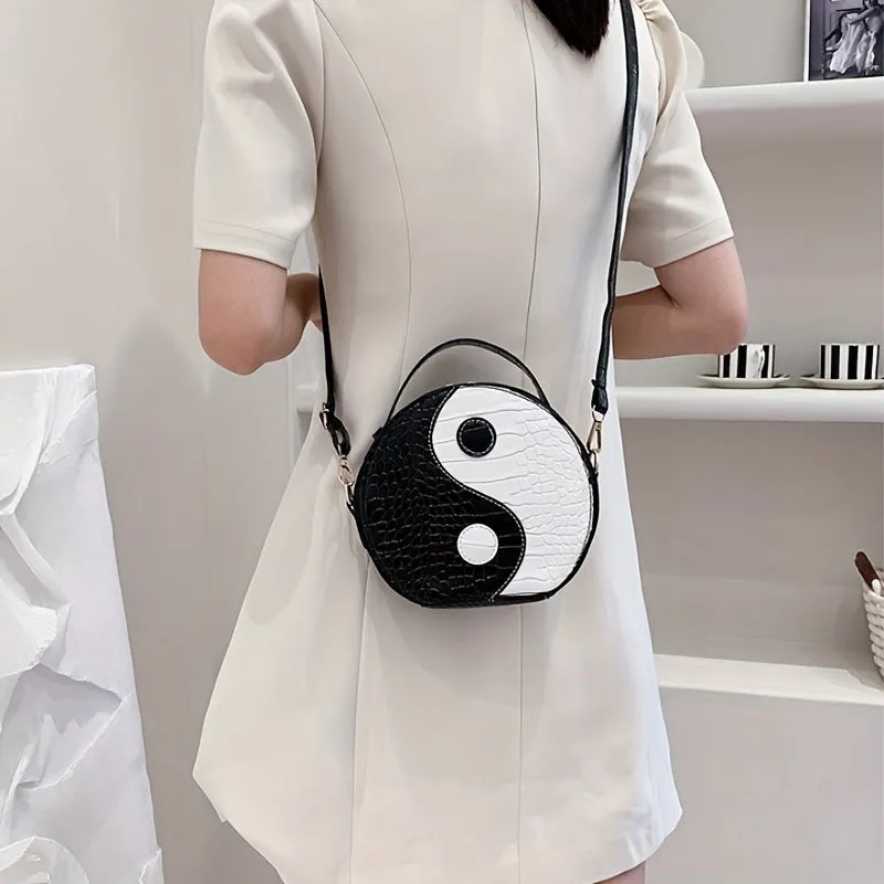 realaiot  Mini Yin & Yang Circle Bag, Round Crossbody Purses, Crocodile Embossed Handbag