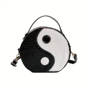 realaiot  Mini Yin & Yang Circle Bag, Round Crossbody Purses, Crocodile Embossed Handbag