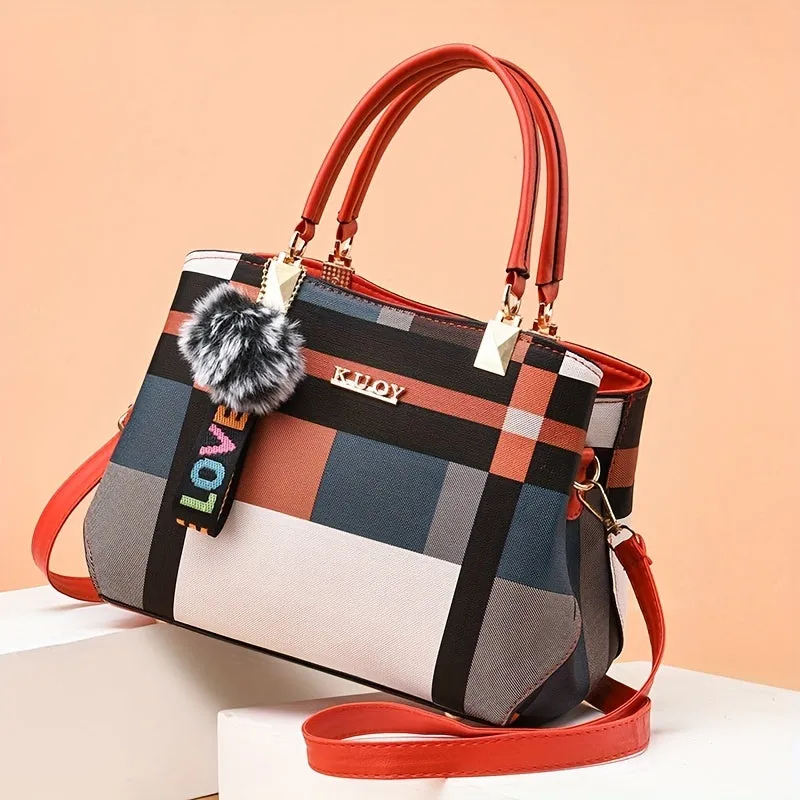 realaiot  Plaid Pattern Handbag, Pompom Decor Crossbody Bag, Women's Top Handle Purses For Work