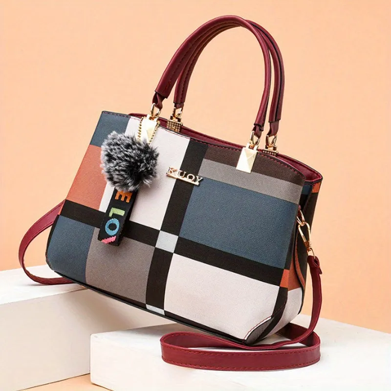 realaiot  Plaid Pattern Handbag, Pompom Decor Crossbody Bag, Women's Top Handle Purses For Work
