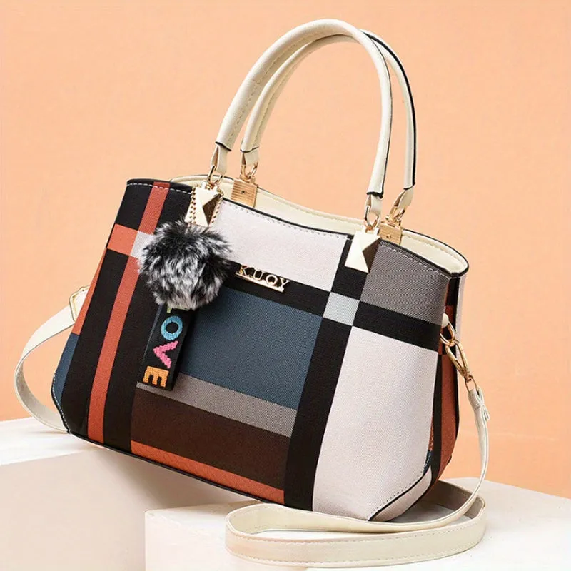 realaiot  Plaid Pattern Handbag, Pompom Decor Crossbody Bag, Women's Top Handle Purses For Work