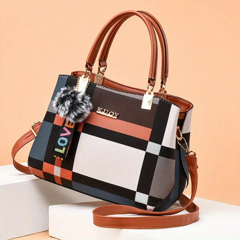 realaiot  Plaid Pattern Handbag, Pompom Decor Crossbody Bag, Women's Top Handle Purses For Work