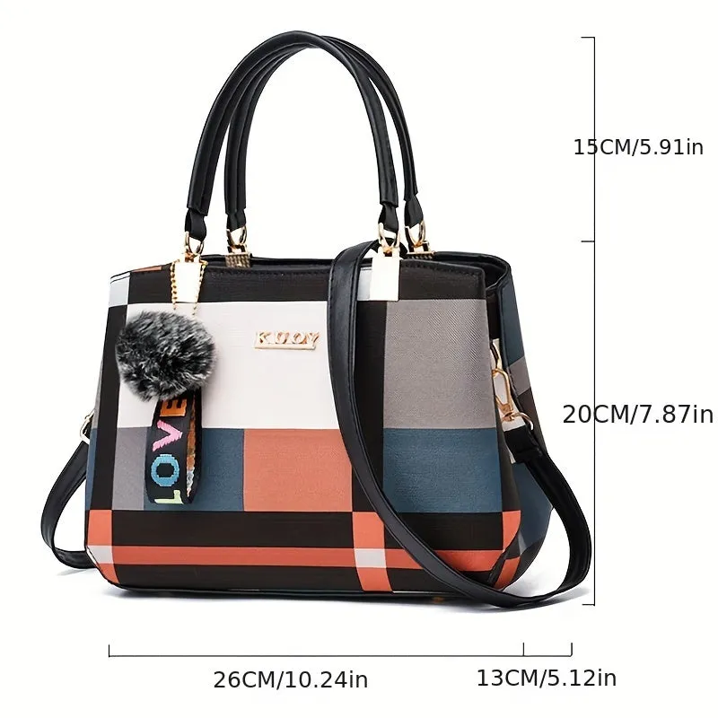 realaiot  Plaid Pattern Handbag, Pompom Decor Crossbody Bag, Women's Top Handle Purses For Work