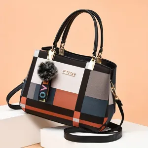 realaiot  Plaid Pattern Handbag, Pompom Decor Crossbody Bag, Women's Top Handle Purses For Work
